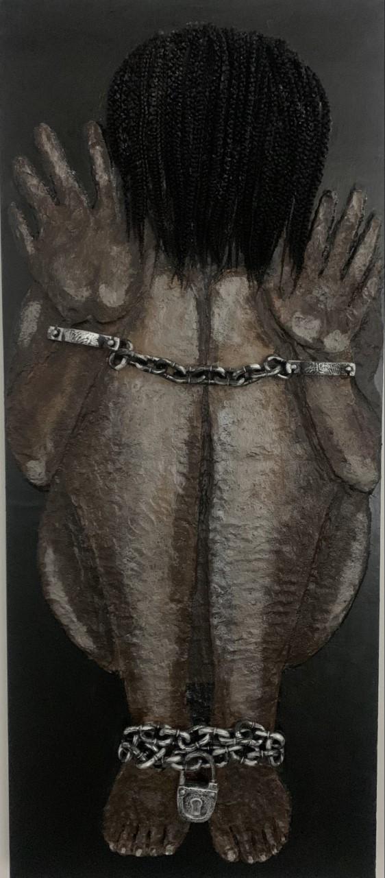 Damsel in Pain, Relief painting, Collage by Juliet Pog-osia