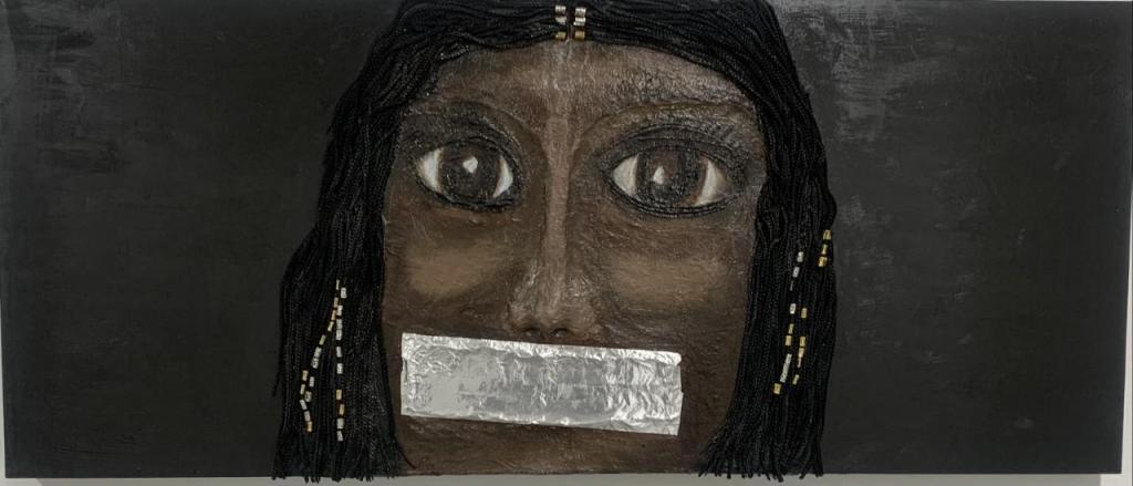 Damsel Voiced Damsel Incarcerated Relief painting by Juliet Pog-osia